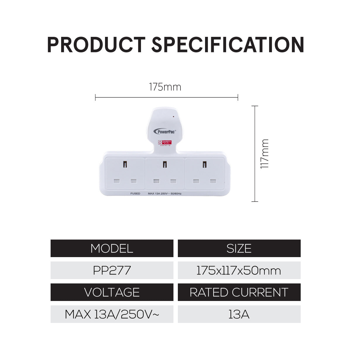 POWERPAC T-Shape 3 Way Socket#PP277