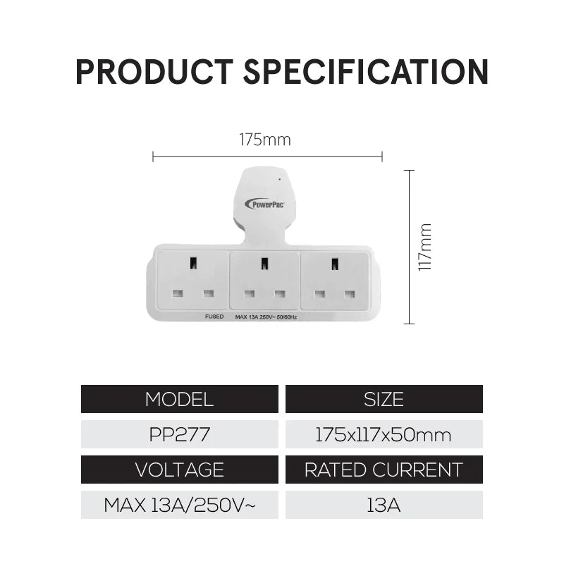 PowerPac 3 Way Extension Plug Adapter| Extension Wall Socket (PP277)