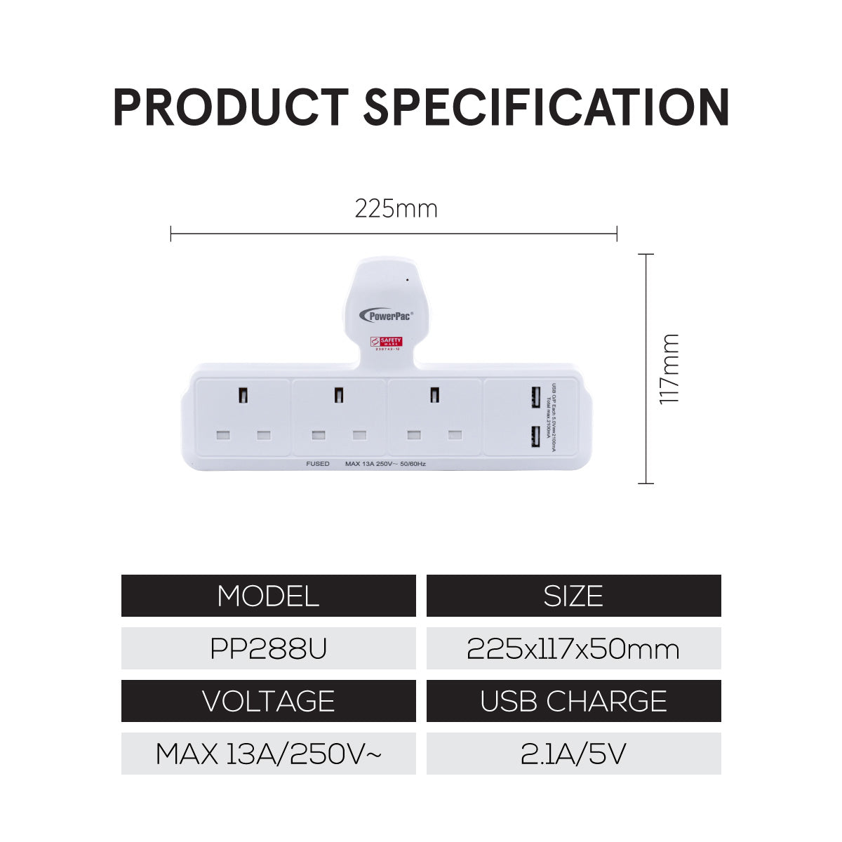 POWERPAC T-Shape 3 Way Socket With 2XUSB#PP288U