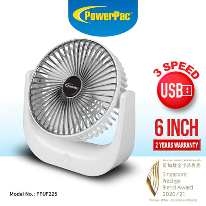 PowerPac 6'' USB Desk Fan 3 Speed #PPUF225
