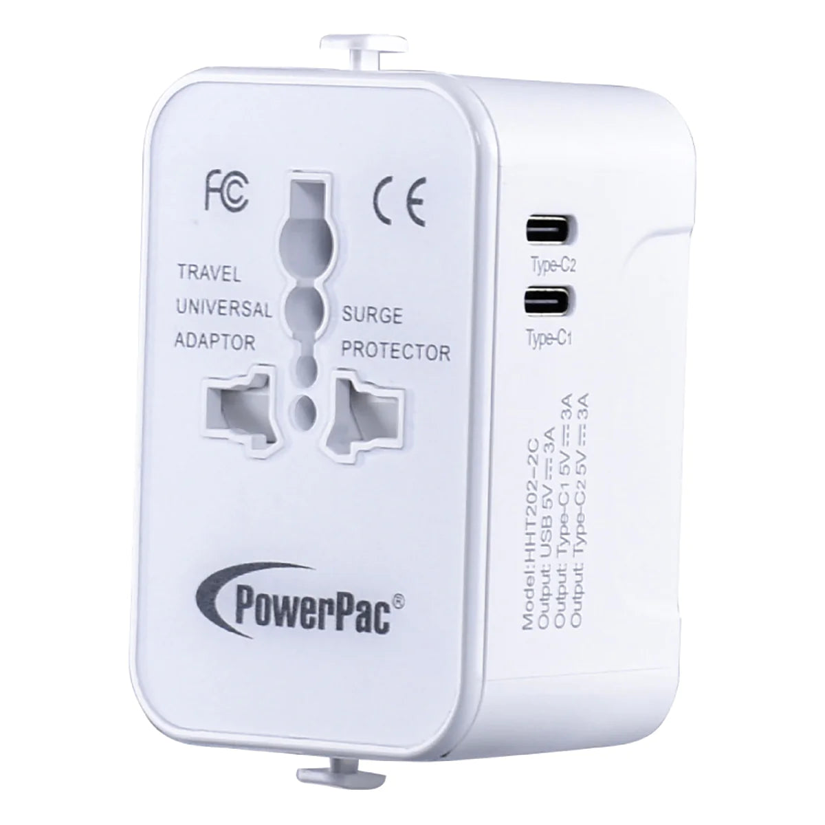PowerPac Travel Adapter 2Type C & 1A USB- Black / White