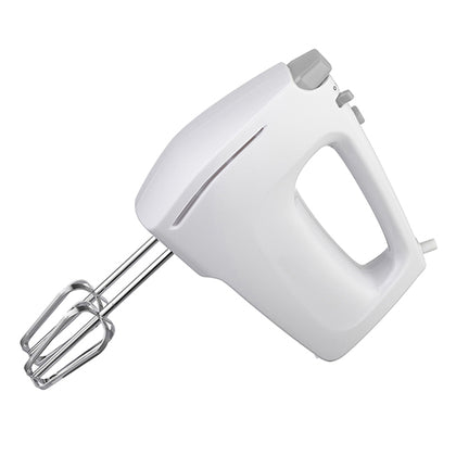 Sleek white hand mixer with 2 pairs chromed beater