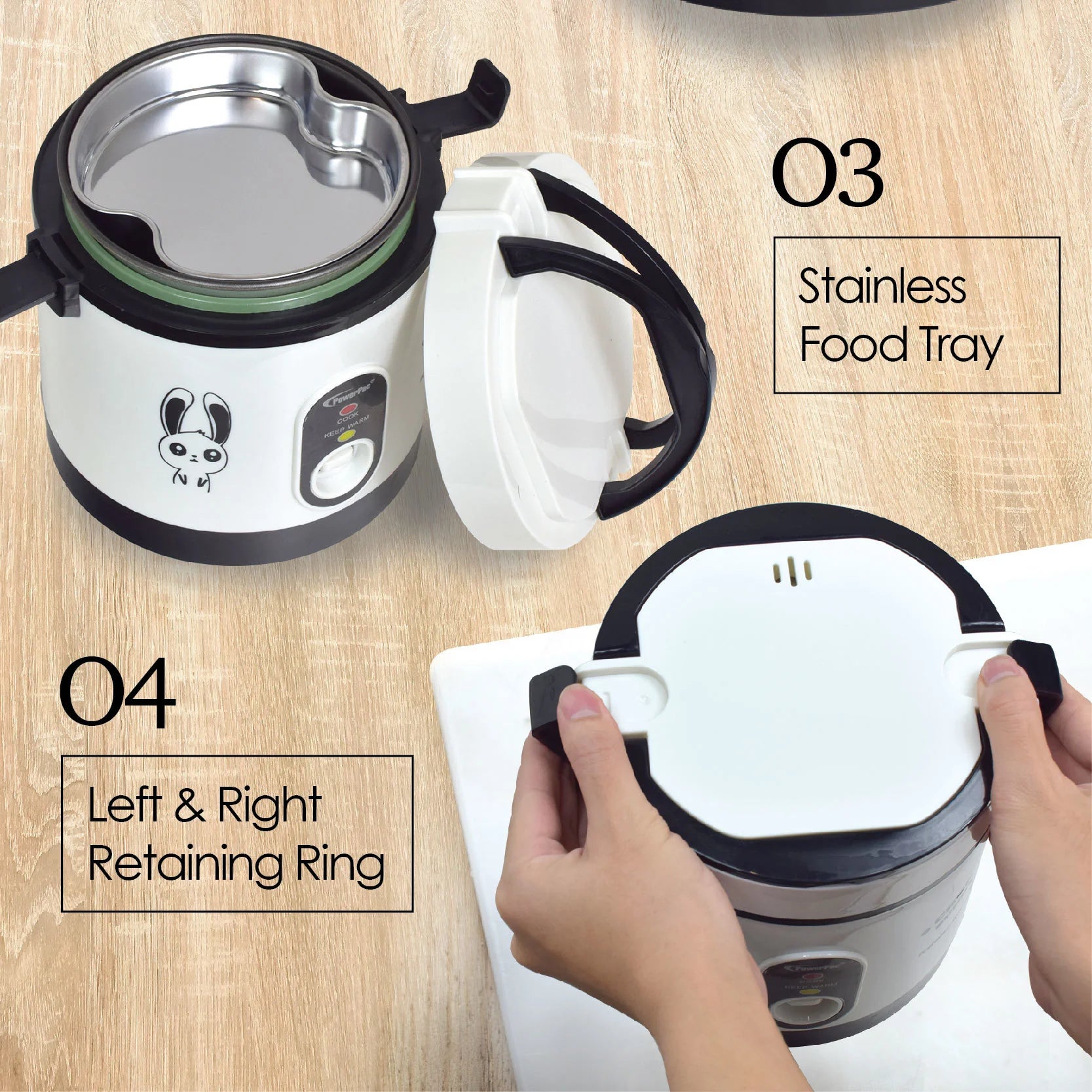 POWERPAC PPRC09 Portable Rice Cooker with Stainless Steel Food Tray 0.6L