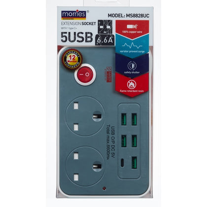 MORRIES 2way 3m Ext.Cord w/5USB & 1 Type C MS8828UC