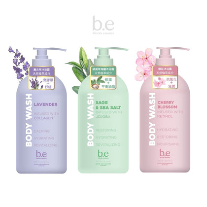🌸 B.E Bloom Essence Body Wash 720ml |  Lavender (Collagen), Sage & Sea Salt (Jojoba), Cherry Blossom (Retinol)
