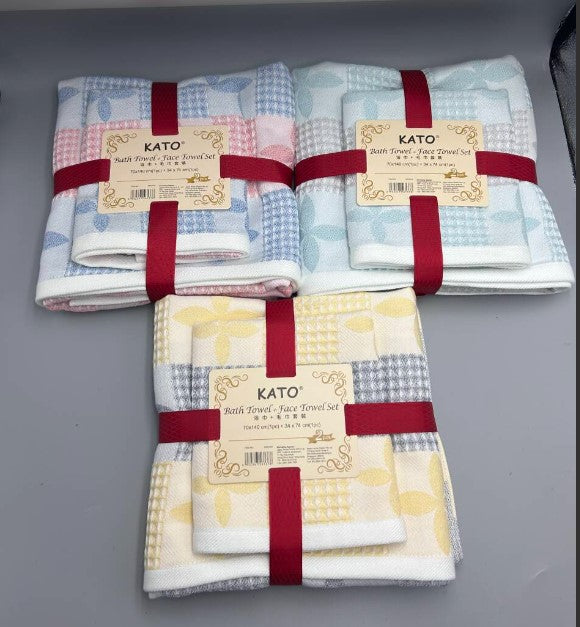 Kato 100% Cotton Bath + Face Towel 2’s Set (70x140cm+34x74cm) (Assorted patterns and colors will be delivered)