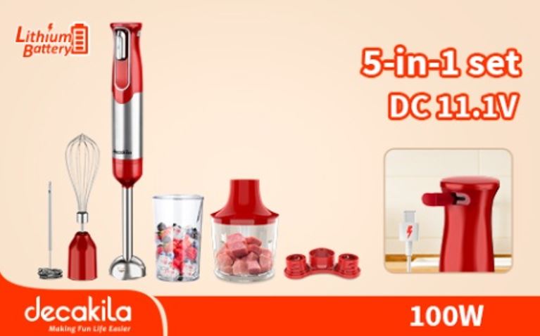 Decakila Cordless hand blender 100W 5-in-1 set - Red