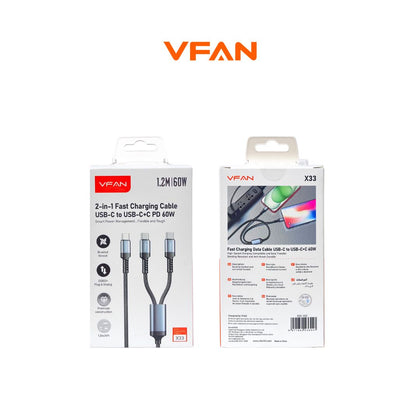 VFAN X33 2-in-1 Fast Charging Cable 60W – USB-C to USB-C + Lightning PD Cable (1.2M) Multi Device Charging