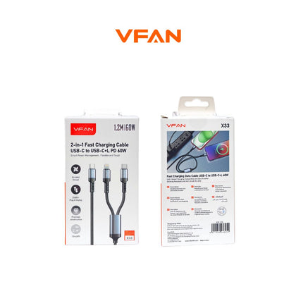 VFAN X33 2-in-1 Fast Charging Cable 60W – USB-C to USB-C + Lightning PD Cable (1.2M) Multi Device Charging