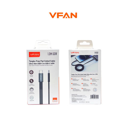 VFAN X32 Tangle-Free Flat Coiled Fast Charging Cable – Ultra-Thin USB-C Cable 1M (60W / 27W)