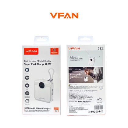 VFAN 1000mAh Ultra-Compact Travel Power Bank with Built-in USB-C & Lightning Cables, 22.5W Fast Charging, Digital Display, Flight-Friendly | White / Black