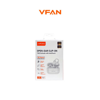 VFAN T17 Open-Ear Clip-On TWS Earbuds – Powerful Bass, InteliTouch, 35H Playtime | White