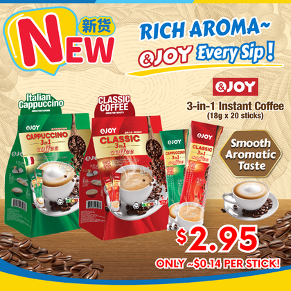 &JOY 3 In 1 Instant Coffee 20s x 18g - Classic / Cappuccino