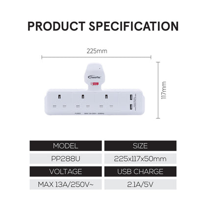 POWERPAC T-Shape 3 Way Socket With 2XUSB#PP288U