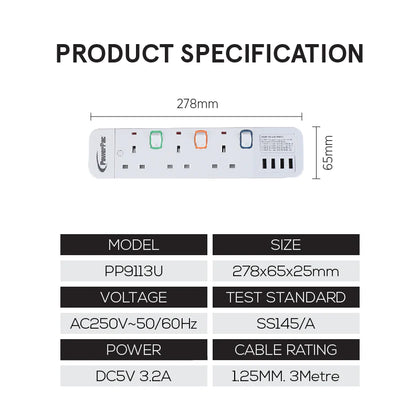PowerPac 3 way extension socket with 4 X USB 3.2A PP9113U