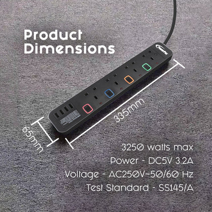 PowerPac 4 Way Extension Socket with 4XUSB 3.2A (Black) PP9114UBK