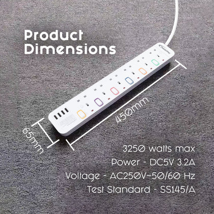 PowerPac 6 Way Extension socket with 4XUSB 3.2A