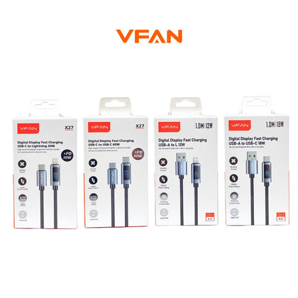 VFAN X27 Digital Display Fast Charging Cable – 30W / 60W / 18W / 12W USB Cable with LED Power Display, Fast Data Transfer & Durable Braided Charging Cable