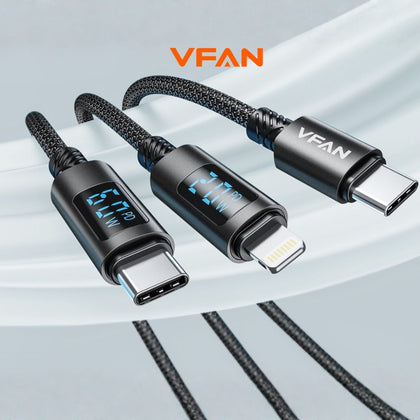 VFAN X27 Digital Display Fast Charging Cable – 30W / 60W / 18W / 12W USB Cable with LED Power Display, Fast Data Transfer & Durable Braided Charging Cable