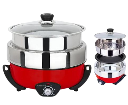 3 IN 1 DETACHABLE: STAINLESS STEEL POT, STAINLESS STEEL STEAMER, NON STICK GRILL PAN MULTI FUNCTION: STIR-FRY, BRAISING, STEAMING, HOTPOT