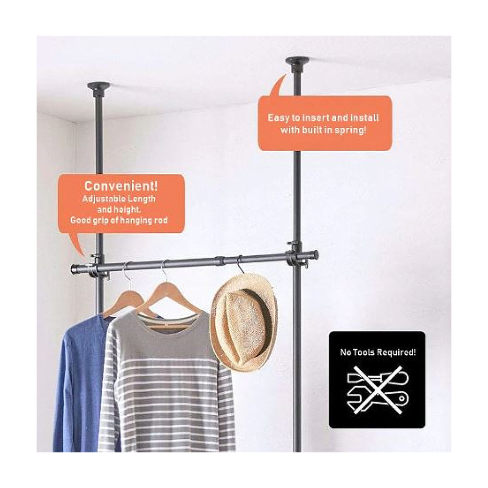 2 Tier Adjustable Clothes Hanger Rack (56-95 x 10 x 200 - 275cm) - Black