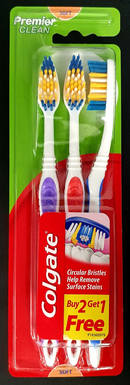 3 colgate toothbrush premier clean soft 3s in red, blue and purple