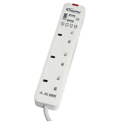 3 Way Extension Cord 2M with 2x USB charger